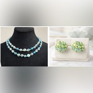 💚🤍🩵 50’s Vintage Beaded Choker & Retro Cluster Earrings